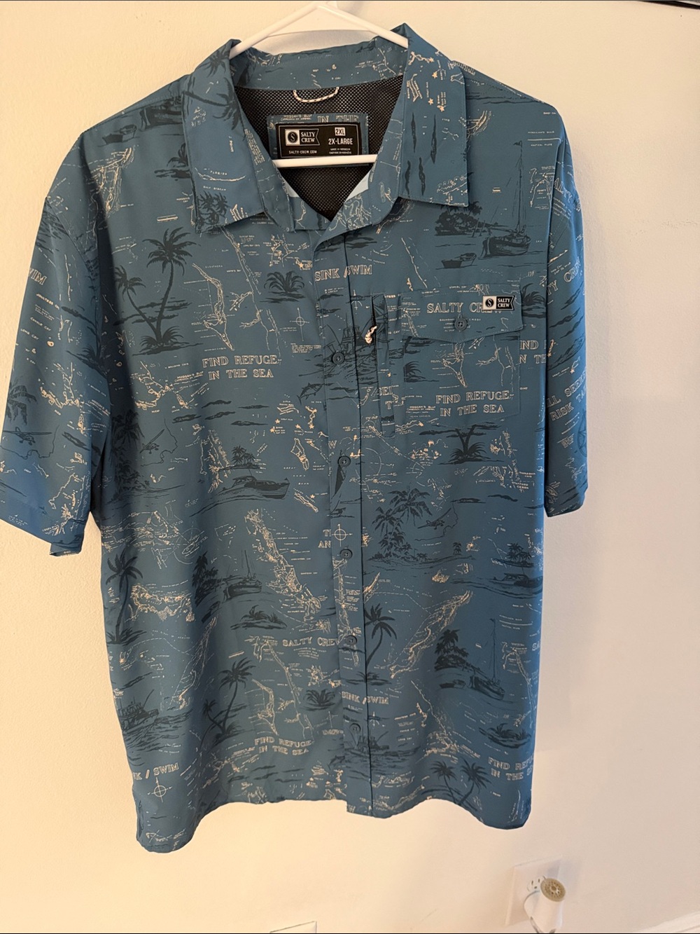Salty Crew Teal Map-Print Short-Sleeve Button-Up Shirt